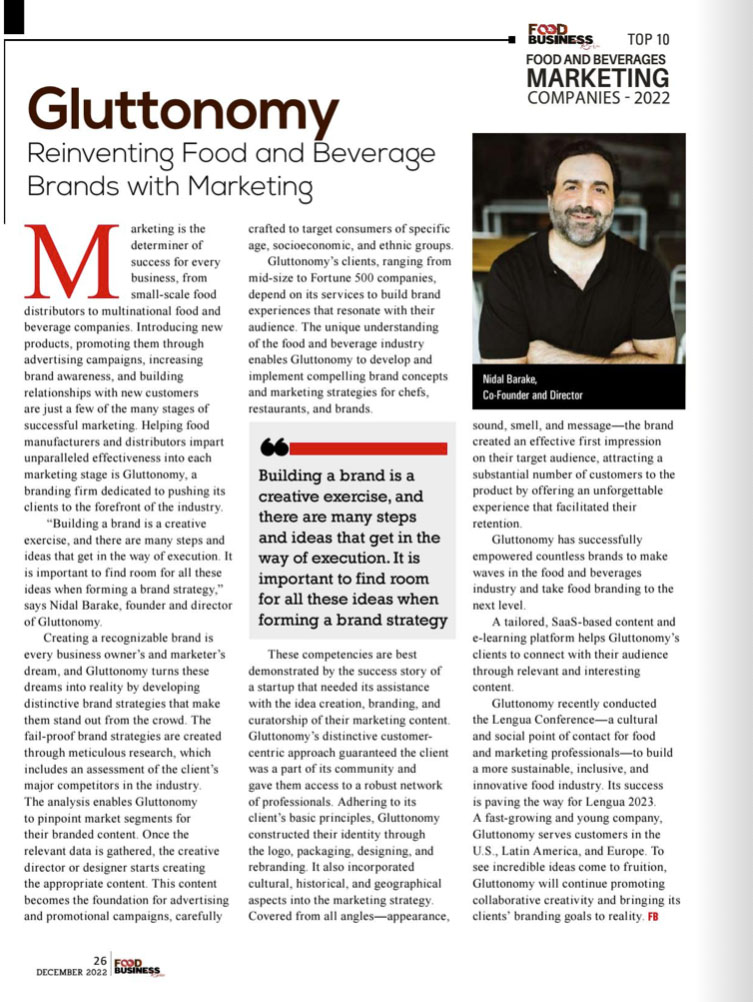 Article showing Gluttonomy recognition as one of the top 10 F&B agencies