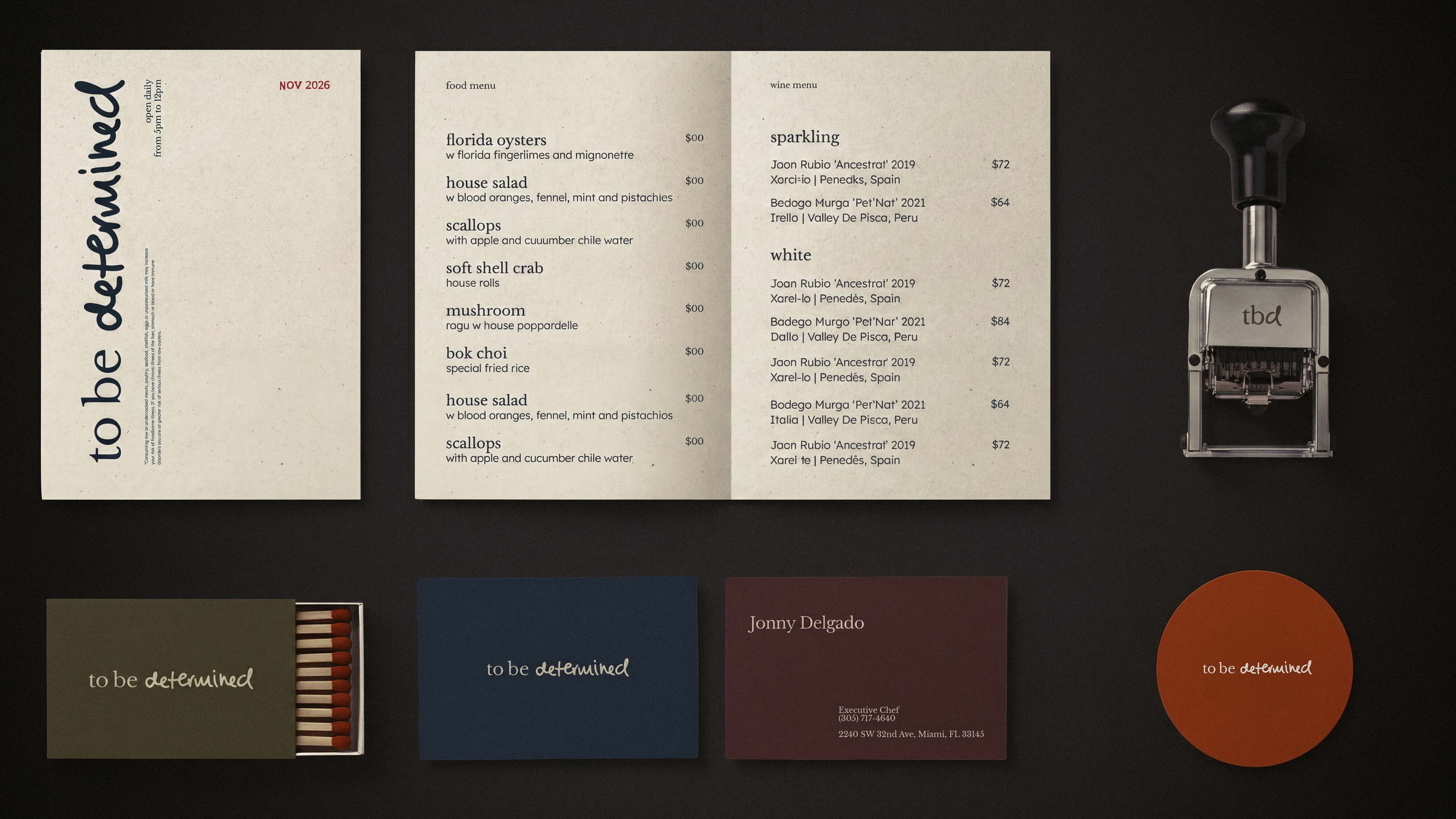 TBD design assets with business cards, stamp, coaster, menu and welcome letter.